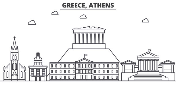 希腊、雅典建筑线条天际线插图。线性向量的城市景观与著名的地标，城市景观，设计图标。风景与可编辑的笔触图片下载