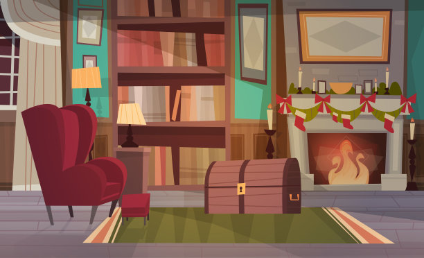 空扶手椅附近装饰壁炉，家居室内装饰圣诞节和新年假期的概念图片下载