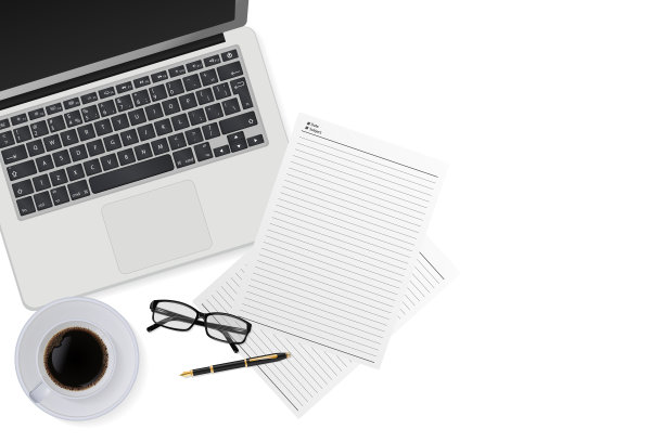 顶视图办公桌，笔记本电脑，黑咖啡，笔，笔记本和眼镜。在白色地板上复制空间，矢量插图。图片下载