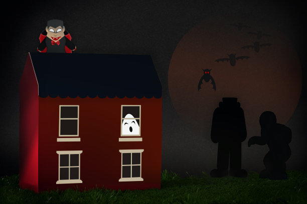 屋顶上的吸血鬼，木乃伊和弗兰肯斯坦的剪影，月亮背景上的蝙蝠图片下载