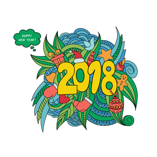 手绘2018年新年涂鸦插画：禅意新年主题元素日历贺卡矢量图图片下载