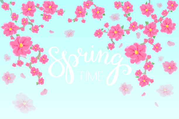 春天的时间。樱花日本樱花枝与盛开的花。手刻字。矢量图图片下载