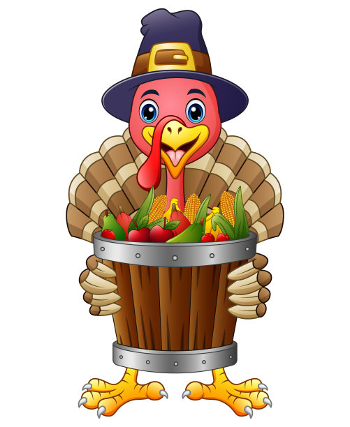 卡通火鸡和装满水果和蔬菜的篮子图片下载