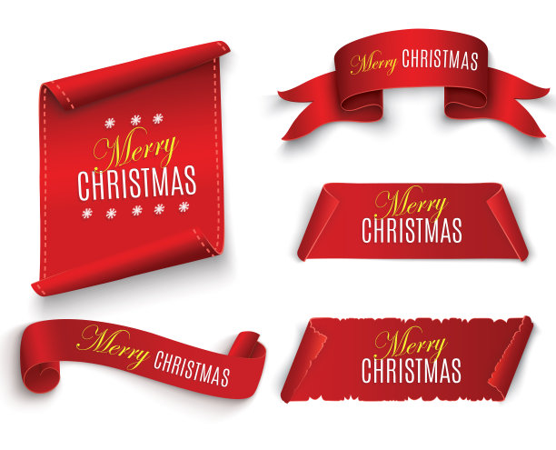 红色现实详细的曲线纸圣诞旗帜孤立在白色的背景。矢量图图片下载