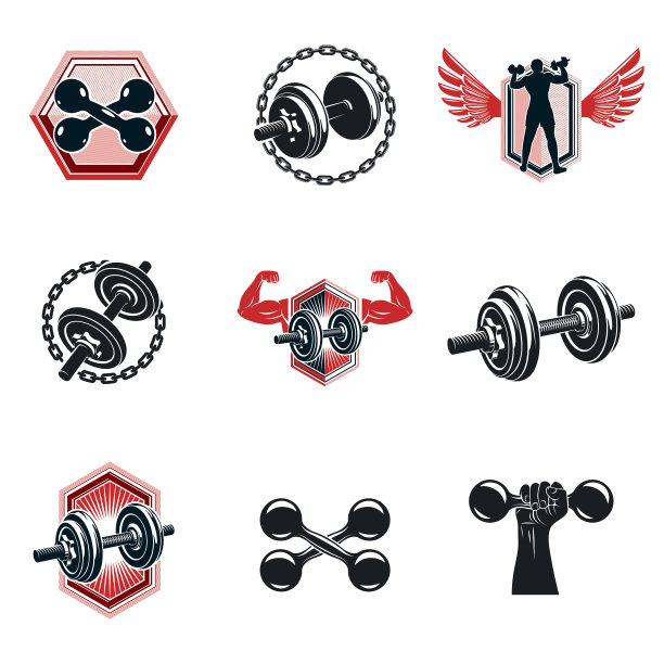 矢量力量举重主题插图收集使用哑铃和光盘重量运动设备。健美运动员的身体轮廓。图片下载