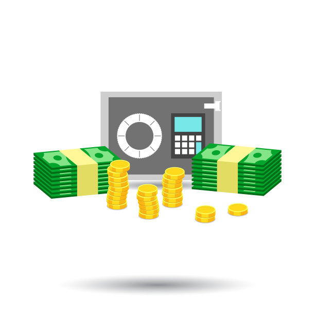 成堆的金币和成堆的现金放在保险箱里。矢量插图在平面设计上的白色背景图片下载