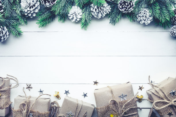 牛皮纸包装的礼品盒系列与松树边框素材图片