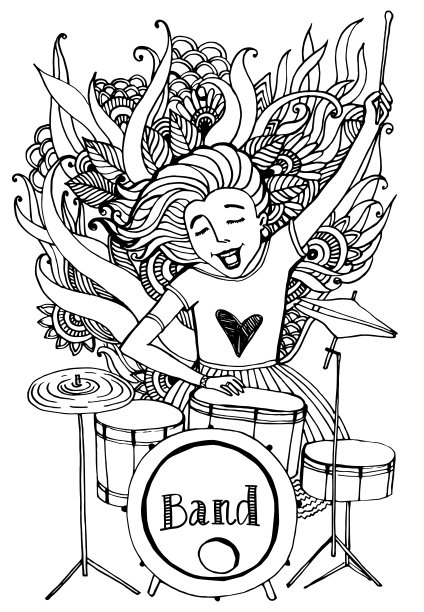 鼓手感情的女孩。女孩在敲鼓。背景中的装饰装饰图片下载