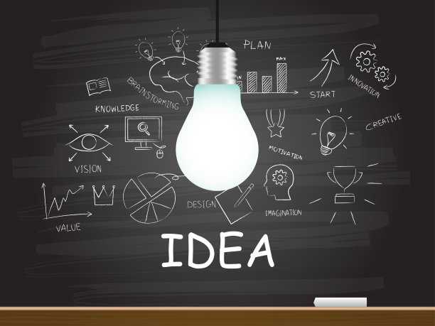 灯泡和黑板上有创意的字。图片下载