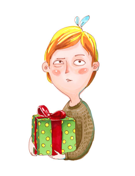 水彩插画：穿着棕色毛衣的男孩不信任地拿着礼物图片下载