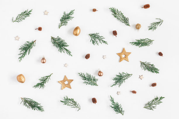 圣诞装饰品的图案。平躺，俯视图素材图片