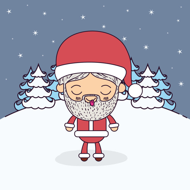冬季景观背景与全身漫画圣诞老人闭着眼睛和舌头发出宁静的表情图片下载