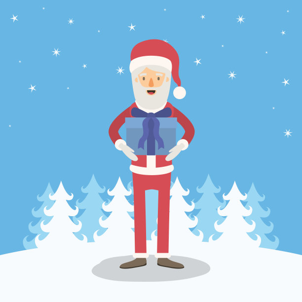 蓝色的冬季景观背景与全身漫画圣诞老人与礼物盒在她的手图片下载