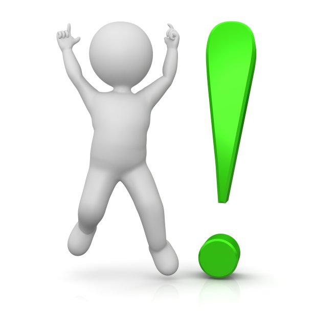 惊叹号，惊叹号，绿色3d与跳棒男子赢家孤立在白色图片下载