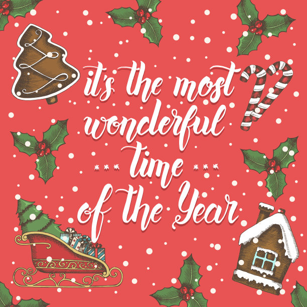 圣诞背景与手工制作的字母“这是一年中最美妙的时间”和手绘姜饼，糖果，圣诞老人的雪橇和冬青树在红色。图片下载