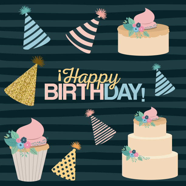 颜色深绿色线背景与设置元素党文本生日快乐图片下载