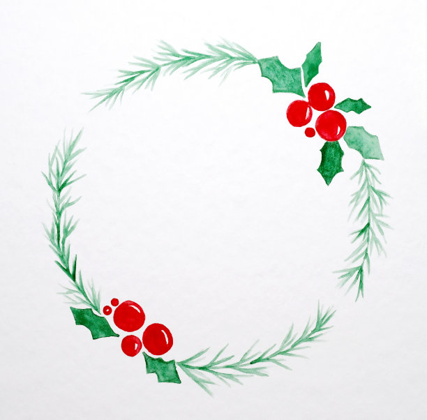 圣诞花环水彩画白纸背景，圣诞贺卡背景图片下载