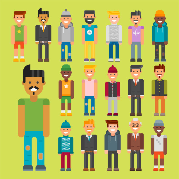 一组男人肖像不同的民族，友谊，性格，团队快乐的人，年轻人小伙子人矢量插图图片下载