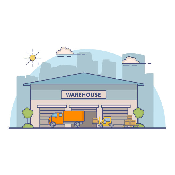 建立一个仓库与卡车交付和叉装载机在平面线性风格矢量。图片下载