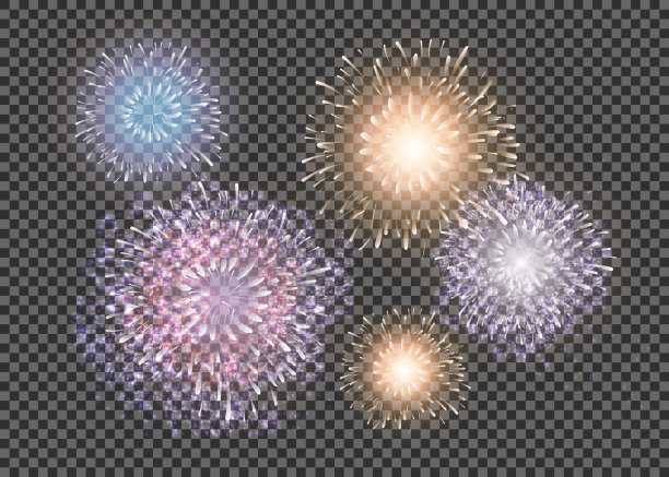 一套孤立的矢量烟花在透明的背景。素材图片