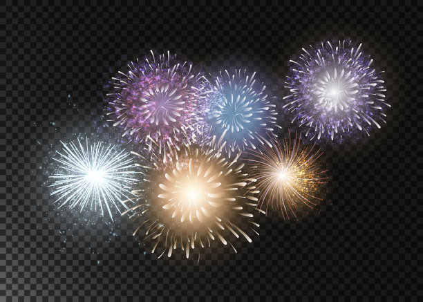 一套孤立的矢量烟花在透明的背景。素材图片