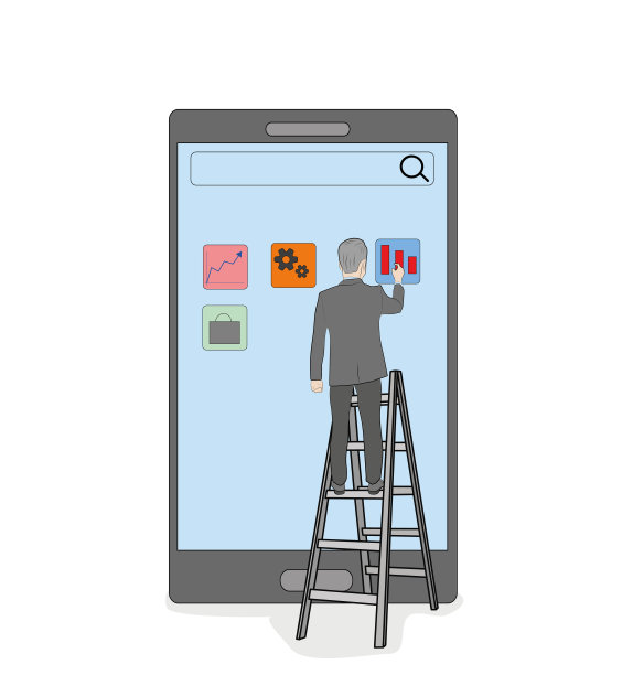 这位商人站在楼梯上按下智能手机的按钮。矢量插图。图片下载