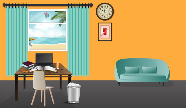 工作场所在家庭办公室。墙上有大窗户的工作空间。矢量插图。图片下载