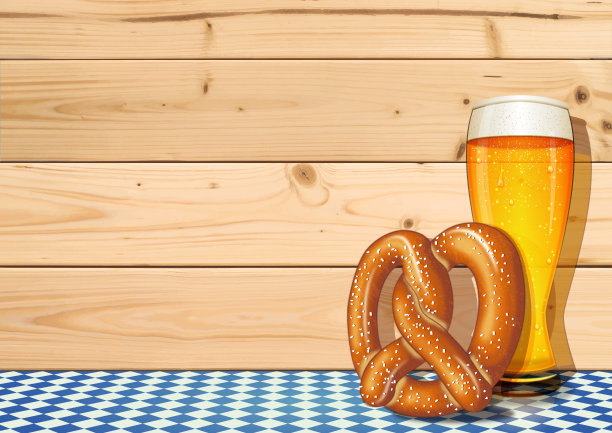 啤酒节背景[啤酒杯和木板上的椒盐卷饼]图片下载