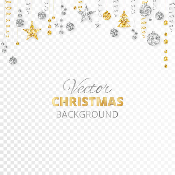 闪闪发光的圣诞装饰品。金色和银色的节日边境。花环与悬挂的球和丝带孤立在透明的背景。图片下载