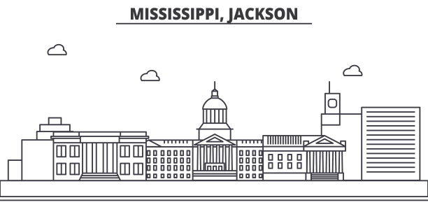 密西西比，杰克逊建筑线天际线插图。线性向量的城市景观与著名的地标，城市景观，设计图标。风景与可编辑的笔触图片下载