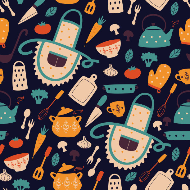 可爱的厨房矢量无缝模式。图片下载