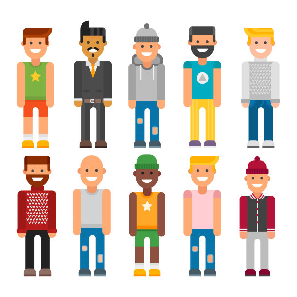 一组男人肖像不同的民族，友谊，性格，团队快乐的人，年轻人小伙子人矢量插图图片下载