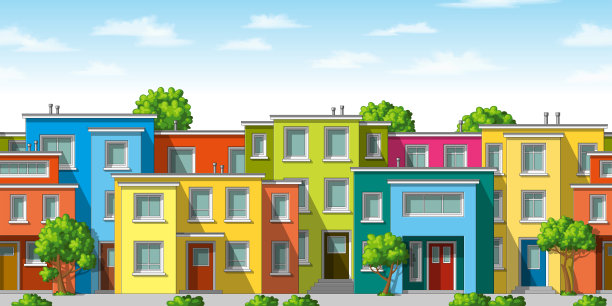 插图色彩丰富的现代家庭住宅与树木，无缝衔接图片下载