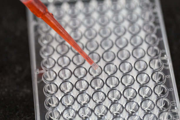 具有96孔微孔板实验室测试的科学研究背景。图片下载