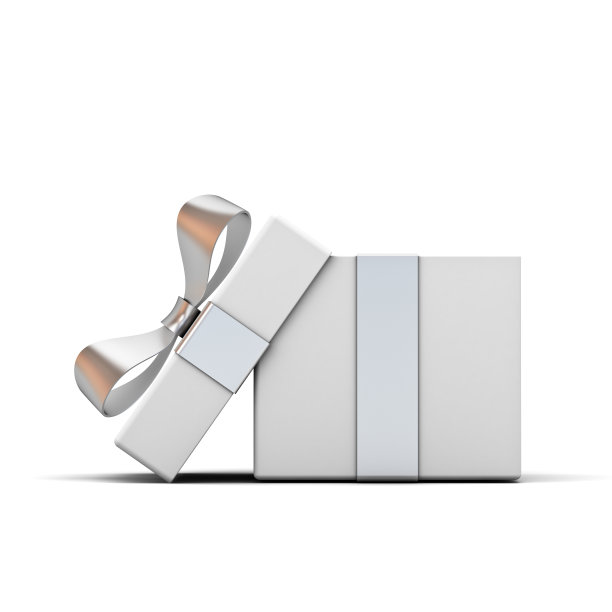 打开礼盒和礼品盒与银色丝带蝴蝶结孤立在白色背景与阴影。三维渲染图片下载