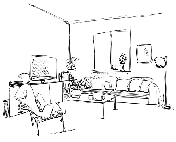 手绘草图的现代客厅内饰有沙发，枕头，桌子，书架，灯具和图片。图片下载