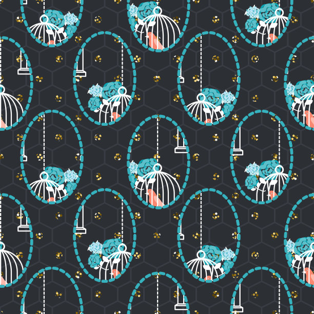 鸟笼深蓝色浪漫无缝矢量图案图片下载