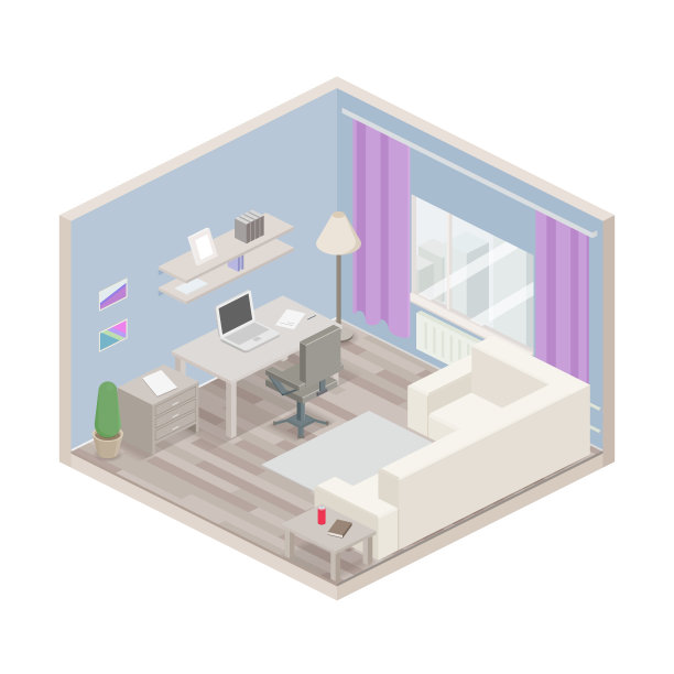 公寓图标孤立在白色背景上。有沙发，桌子，笔记本电脑的工作室。图片下载