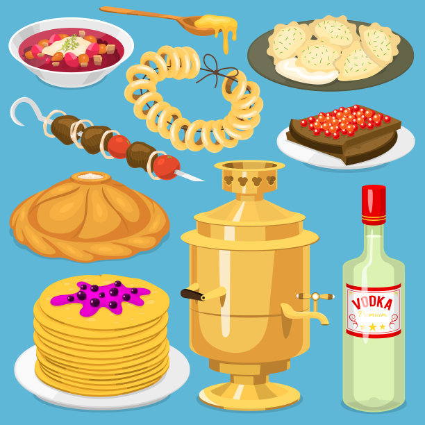 传统俄罗斯美食文化菜肴课程欢迎俄罗斯美食民族美食矢量插画素材图片