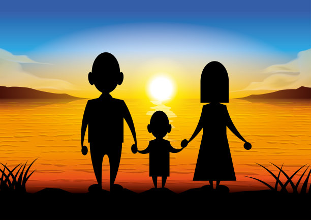 剪影卡通家庭站在日落图片下载