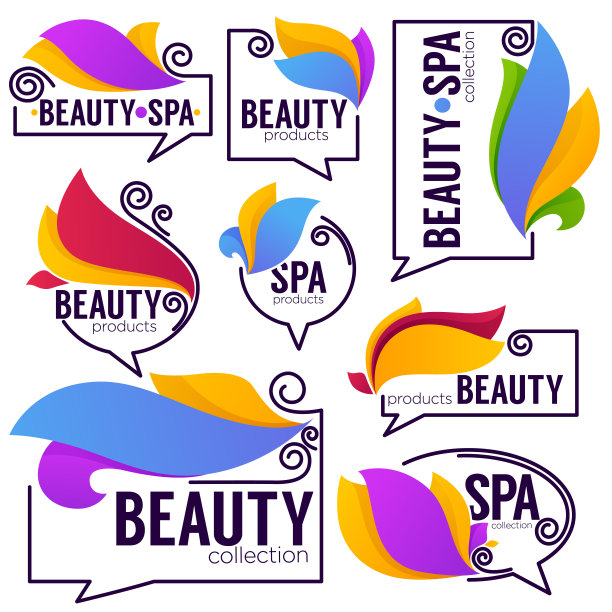 矢量收集涂鸦花标志框架和标志与美容和水疗产品字母组成图片下载