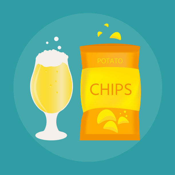 一套啤酒瓶，马克杯和小吃制作的扁平风格。图片下载