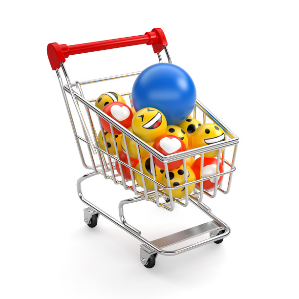 带着球微笑的购物车。在社交媒体上销售点赞。白色孤立背景3d渲染图片下载