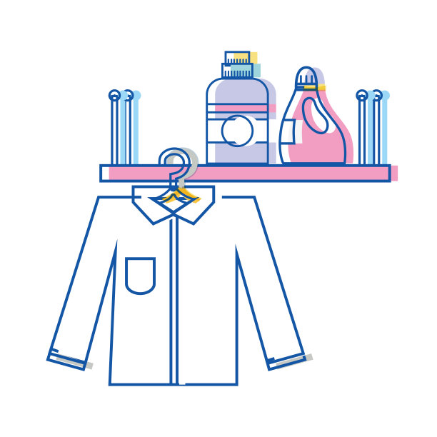 挂有洗洁精瓶和衣服的架子图片下载