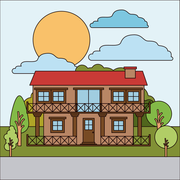 阳光明媚的日子，色彩斑斓的自然景观与两层带栏杆的乡村别墅图片下载