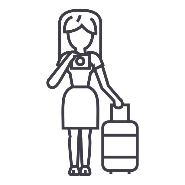 旅行女人使照片矢量线图标，标志，背景上的插图，可编辑的笔触素材图片