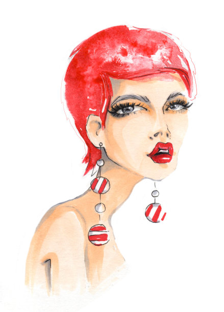 一个短发和长耳环的时尚女孩的肖像。图片下载