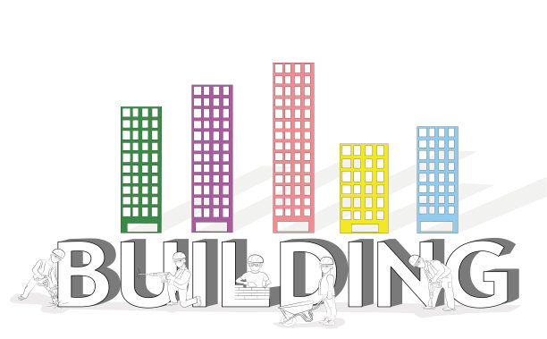 小人物的草图，上面写着一个大大的单词“建筑”。手绘卡通矢量插图的建筑设计和信息图。图片下载