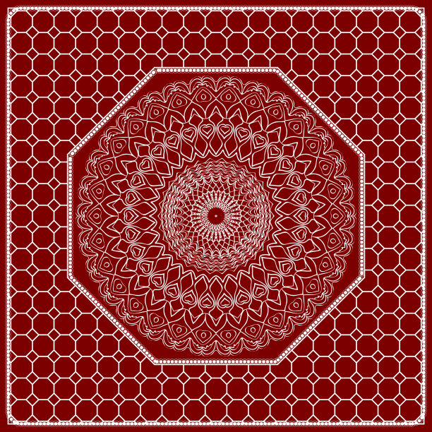 红色曼陀罗背景，几何图案与华丽的蕾丝框架。矢量插图。采购产品围巾印花，织物，封面，剪贴簿，手帕，帕雷奥，披肩，地毯设计。图片下载