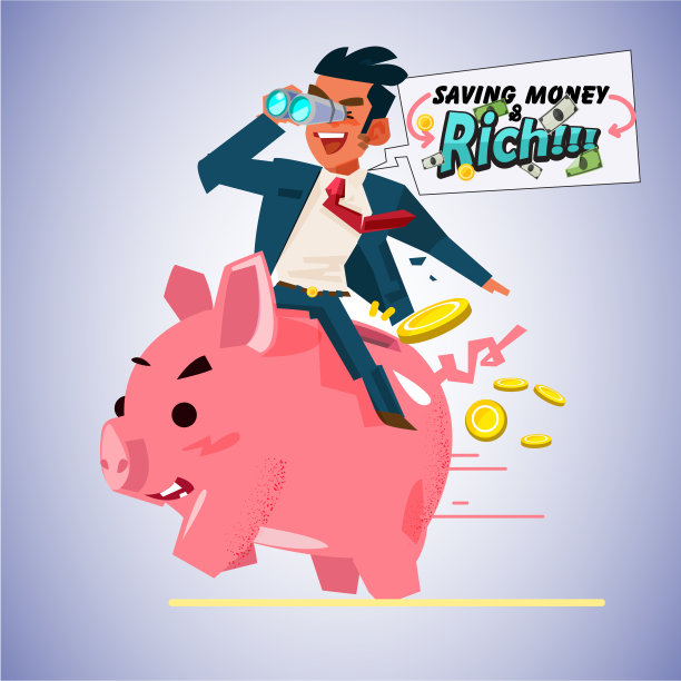 商人捧着双眼，骑着小猪储蓄罐，存钱存钱图片下载